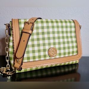 Tory Burch Kerrington Green and White Gingham Checkered Leather Crossbody Bag